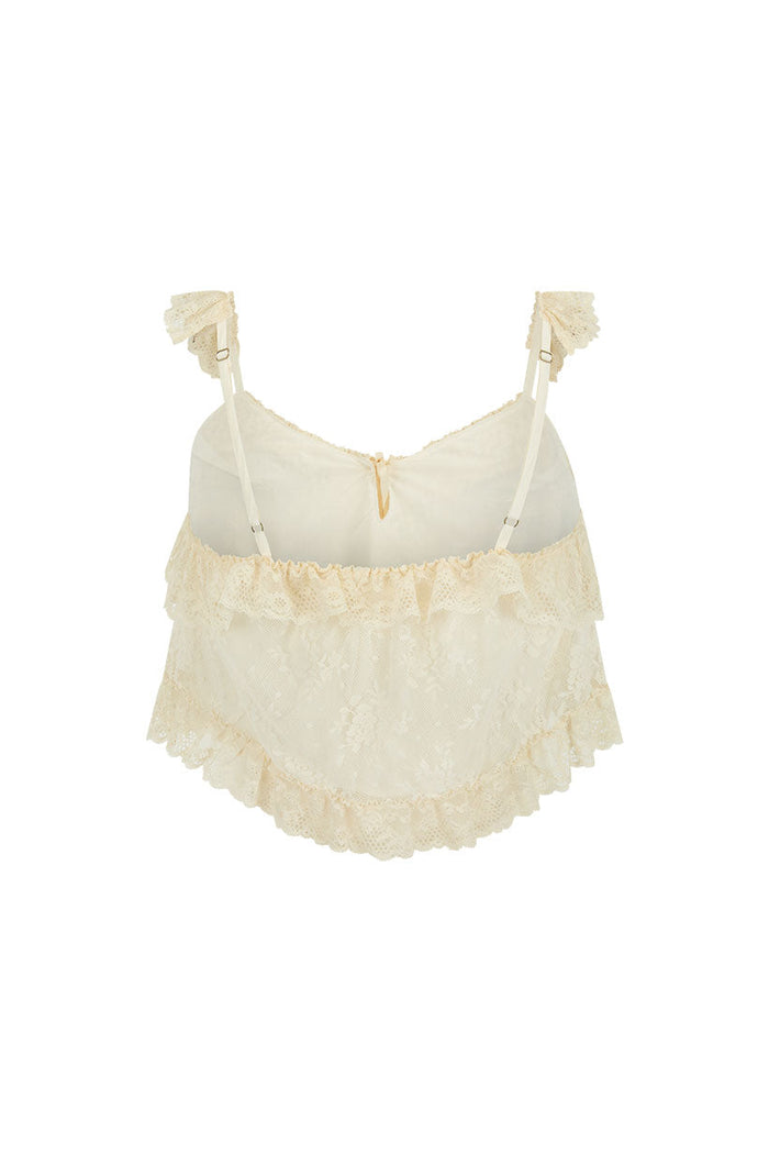 Back flat lay of Cloud Cream lace cami, showing tiered lace hem, adjustable straps with lace trim, and zip closure