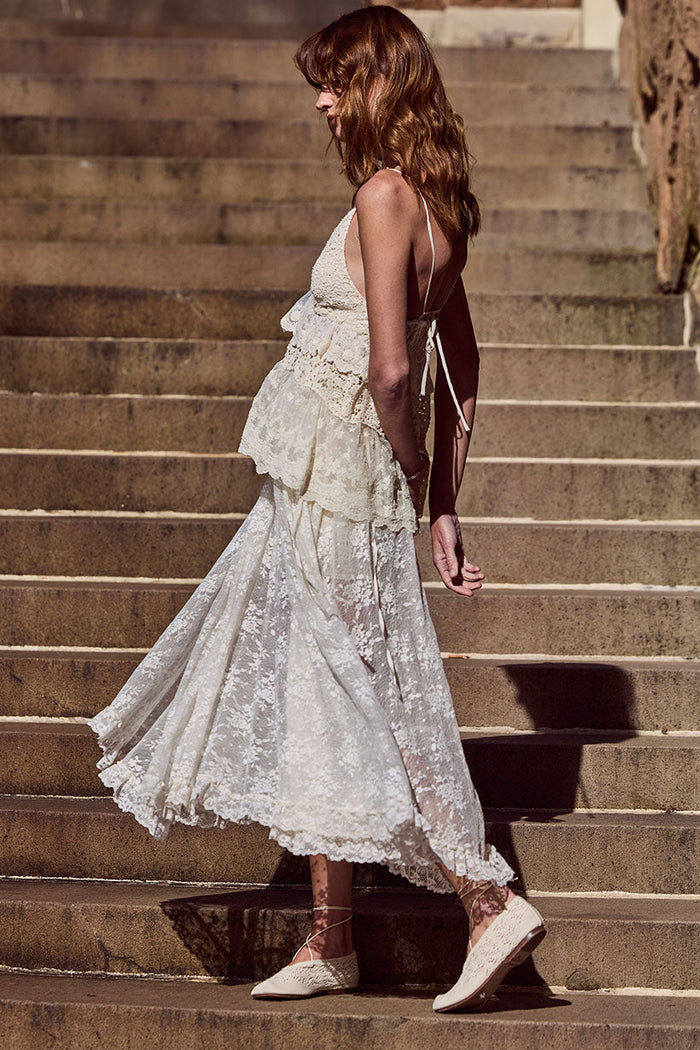 Spell women's Labyrinth Lace Maxi Skirt in Cloud Cream, recycled lace hi-lo hem with side tie waist