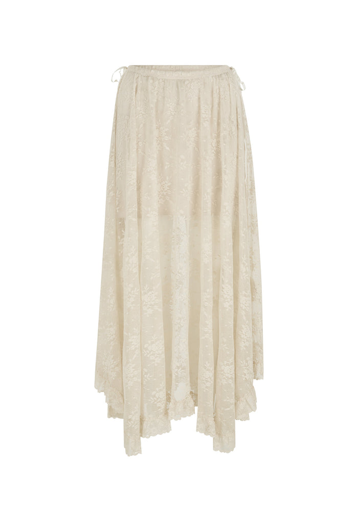 Front flat lay of cloud cream floral lace maxi skirt with hi-lo hem, lace trim edge, and side waist ties on white background