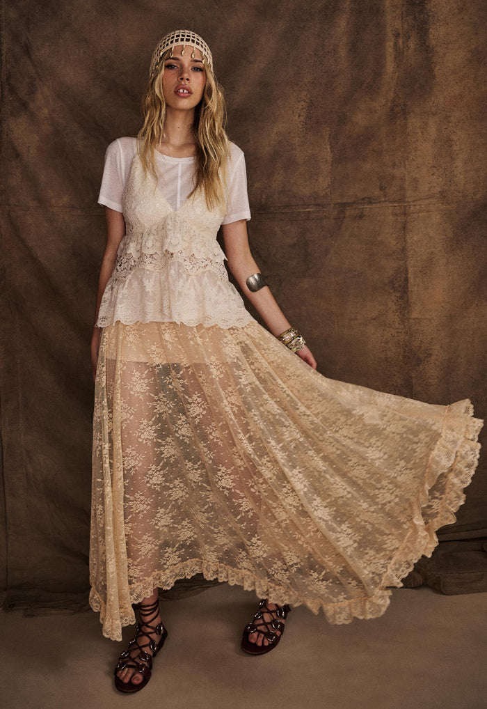 Spell women's Labyrinth Lace Maxi Skirt in Peach Bliss, recycled lace hi-lo hem with slip lining