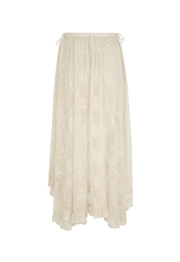 Back flat lay of cloud cream recycled lace maxi skirt with hi-lo hem, lace trim edge and side waist ties