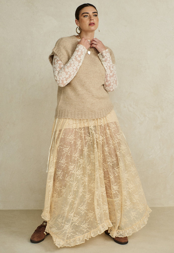 Labyrinth Lace Maxi Skirt in Peach Bliss, front view flat lay showing hi-lo hem and edge lace trim