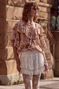 Spell women's Labyrinth Lace Mini Skirt in Cloud Cream, recycled lace layered skirt with shirred waist