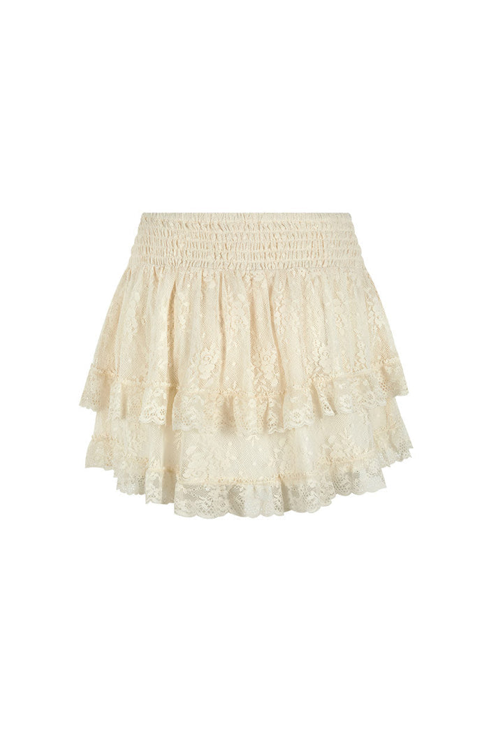 Cloud cream lace mini skirt, back flat lay showing tiered layers, lace hem trim and shirred waist detail