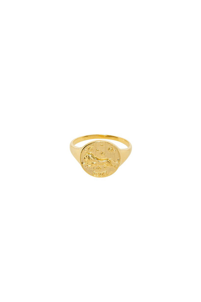 Front image of Spell’s Leo Stargazer Zodiac Ring. The hand-crafted ring comes in 22k Gold Vermeil and features an embossed artwork of the zodiac sign.
