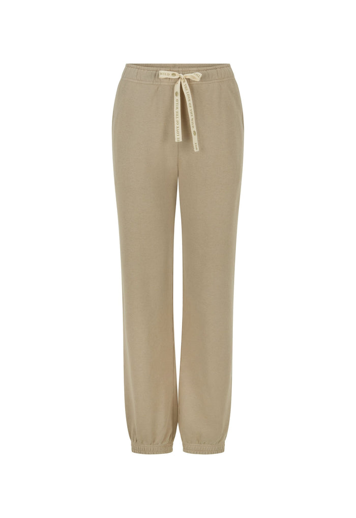 A pair of beige wide-leg jogger pants with an elastic waistband and a matching beige drawstring tie, shown against a plain white background.
