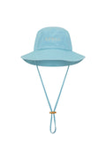 Little Spell kids' Embroidered Bucket Hat in sky blue organic cotton with chin tie and wood toggle