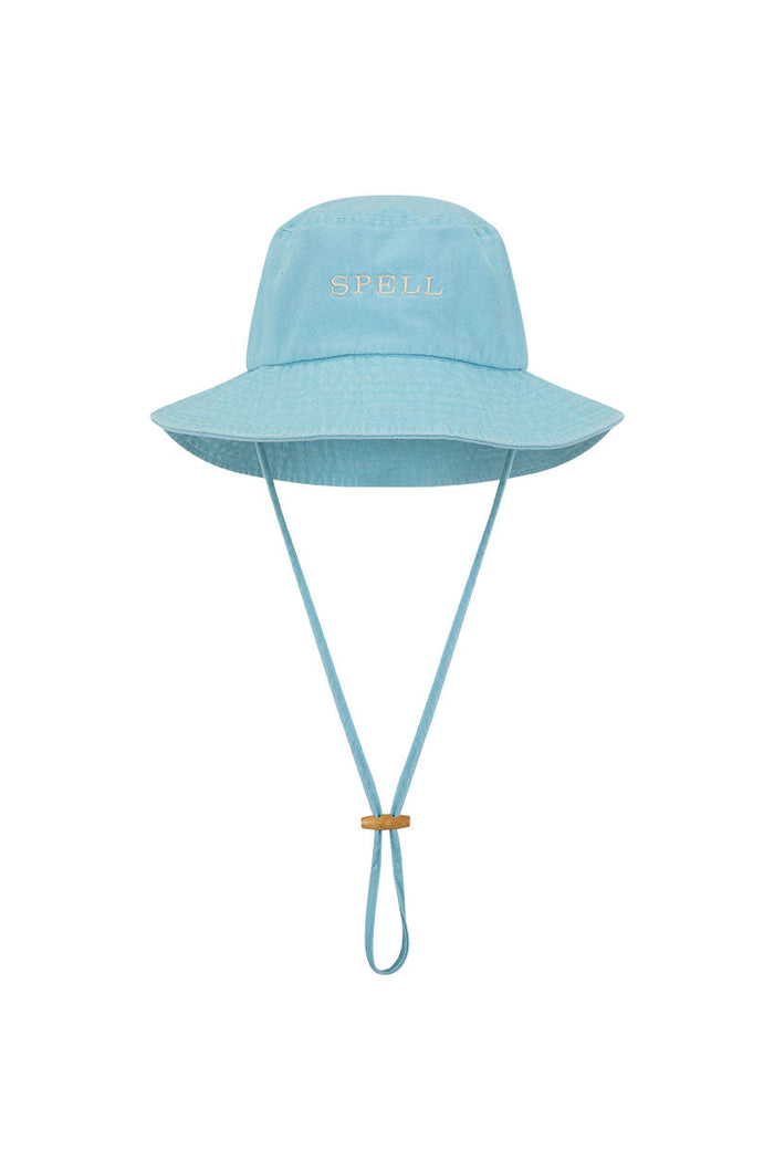 Little Spell kids' Embroidered Bucket Hat in sky blue organic cotton with chin tie and wood toggle