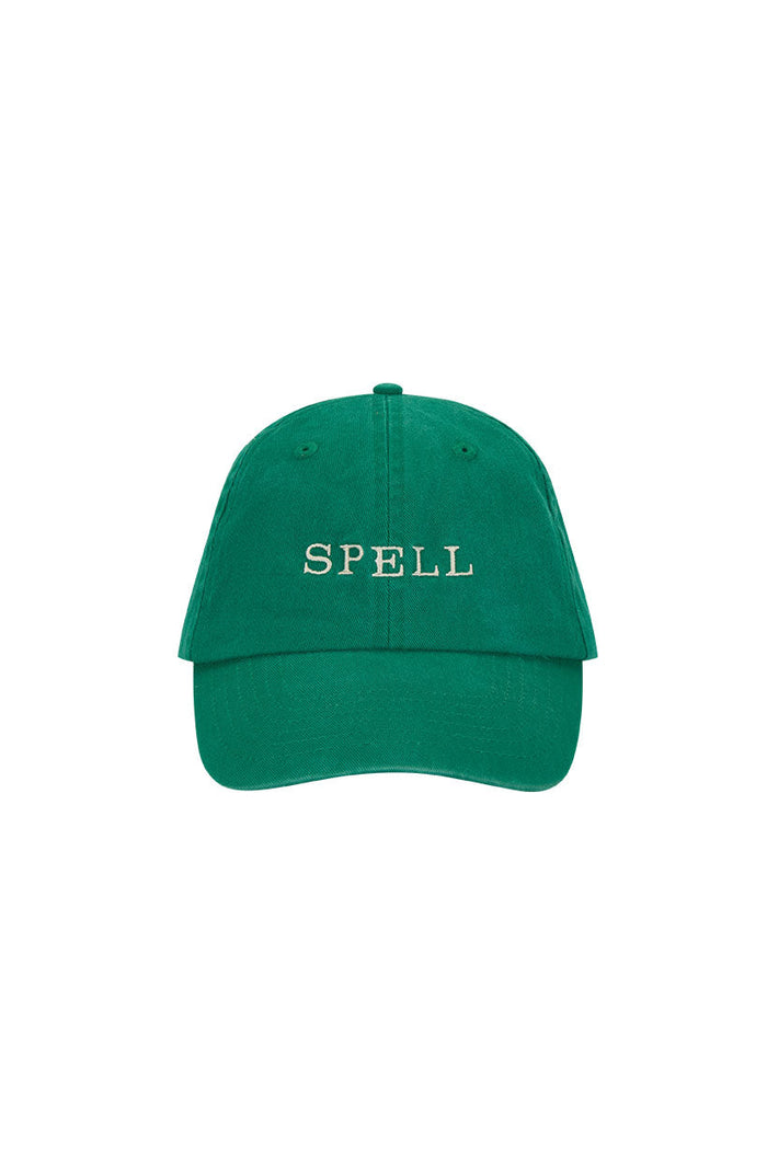 Little Spell kids' Embroidered Cap in Leaf green organic cotton with embroidered Spell logo, front view