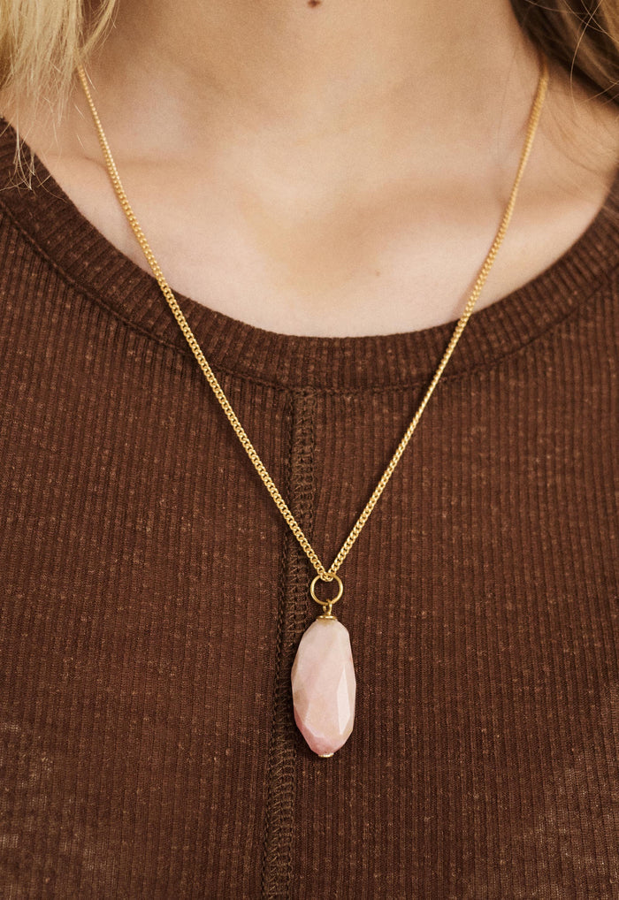 Lolita Stone Pendant Necklace, 22K gold-plated brass chain with faceted pink opal stone pendant, 48cm length