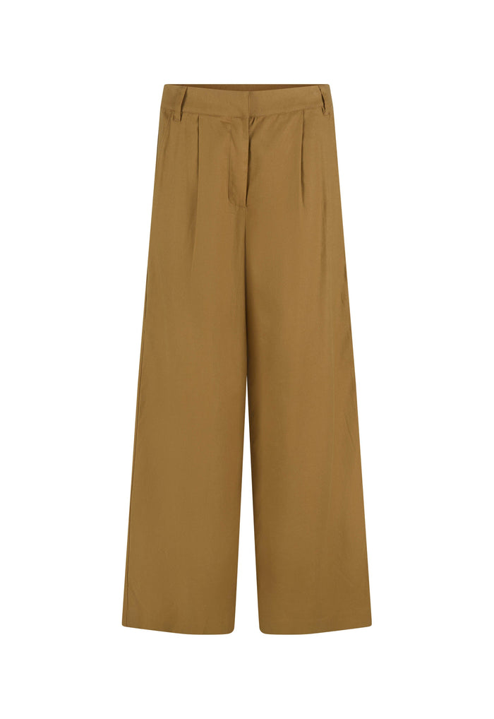 Tan hemp-blend wide-leg pants flat lay, front view showing front pleats, waistband, and relaxed leg silhouette