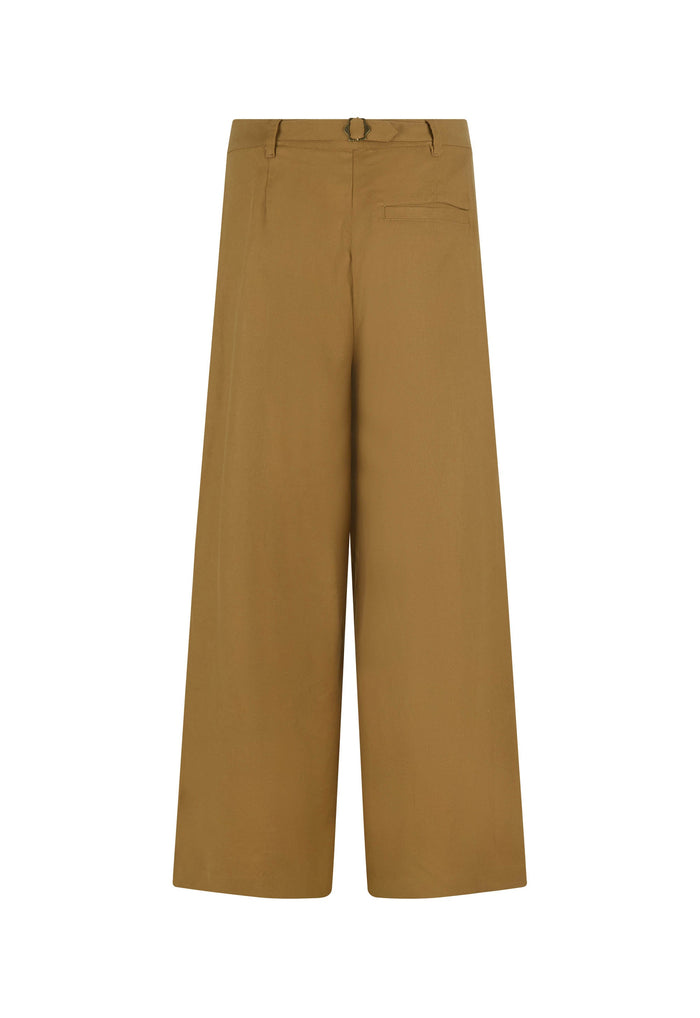 Back flat lay of tan hemp-blend wide-leg pants showing back welt pocket and adjustable waist buckle, white background