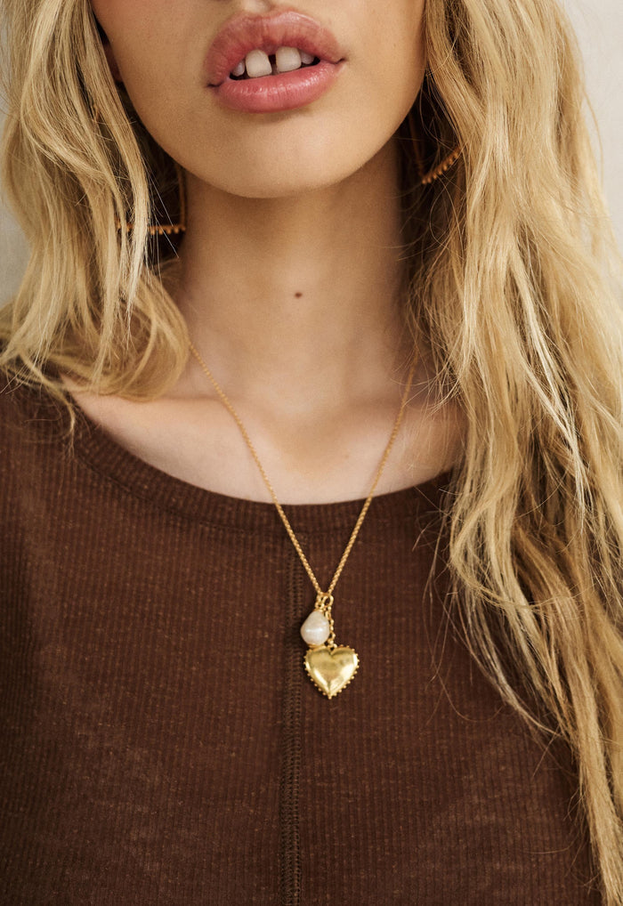 Spell women's Lonely Hearts Charm Necklace gold brass 22K plated heart and opal pendant