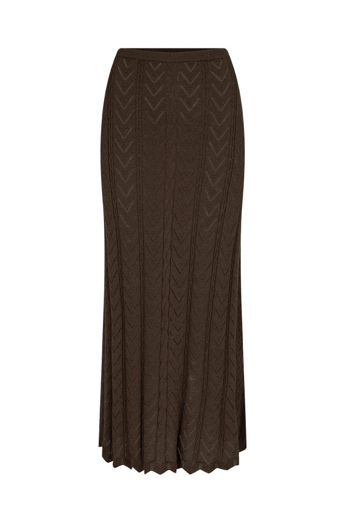 Brown pointelle knit midi skirt with chevron pattern, elasticated waist, and scallop hem edge, laid flat on white background
