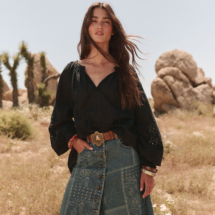 Spell women's Love in the Afternoon Lace Blouse in black with blouson sleeves and anglaise detail