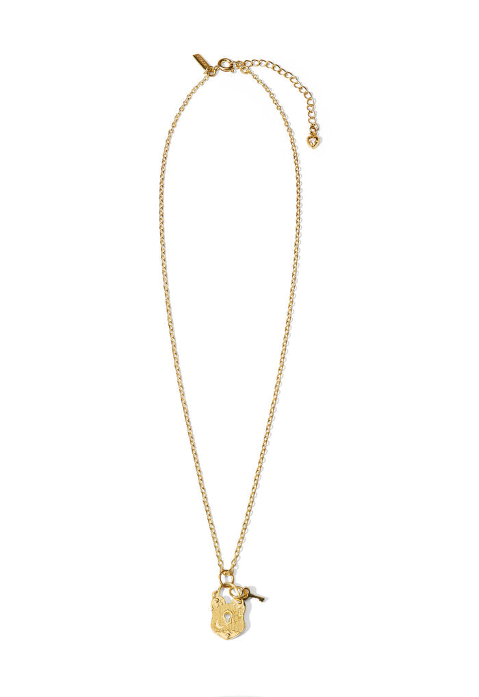 Gold-plated brass Love Lock Charm Necklace with engraved padlock and key pendant on fine curb chain, 48cm