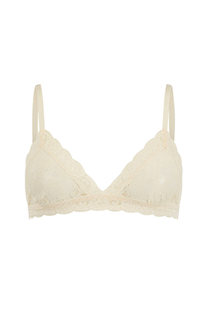 Lovers Lace Bralette in Vintage Cream, front flat lay showing scallop lace trim and V-shape cups, white background