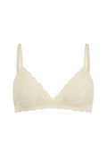 Lovers Lace Bralette in Vintage Cream, front flat lay showing scallop lace trim and V-shape cups, white background
