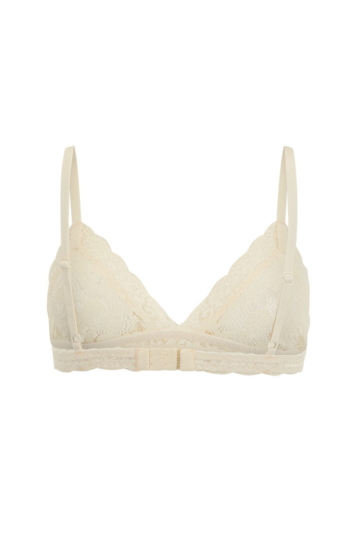 Lovers Lace Bralette in Vintage Cream, back flat lay showing front clasp and adjustable straps