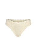 Front flat lay of cream lace brief with scalloped waistband and leg trim, cheeky cut, white background