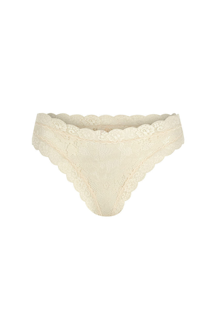 Front flat lay of cream lace brief with scalloped waistband and leg trim, cheeky cut, white background