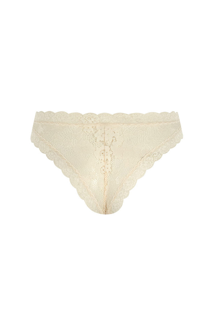 Lovers Lace Brief in Vintage Cream, back flat lay showing scallop lace trim and cheeky cut on white background