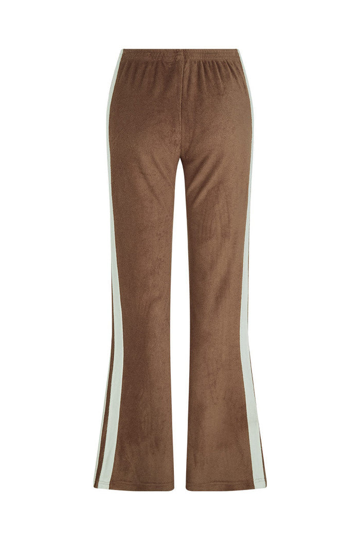Luciana Terry Flares in Chocolate, back flat lay — brown viscose terry with cream contrast side stripe, elastic waist