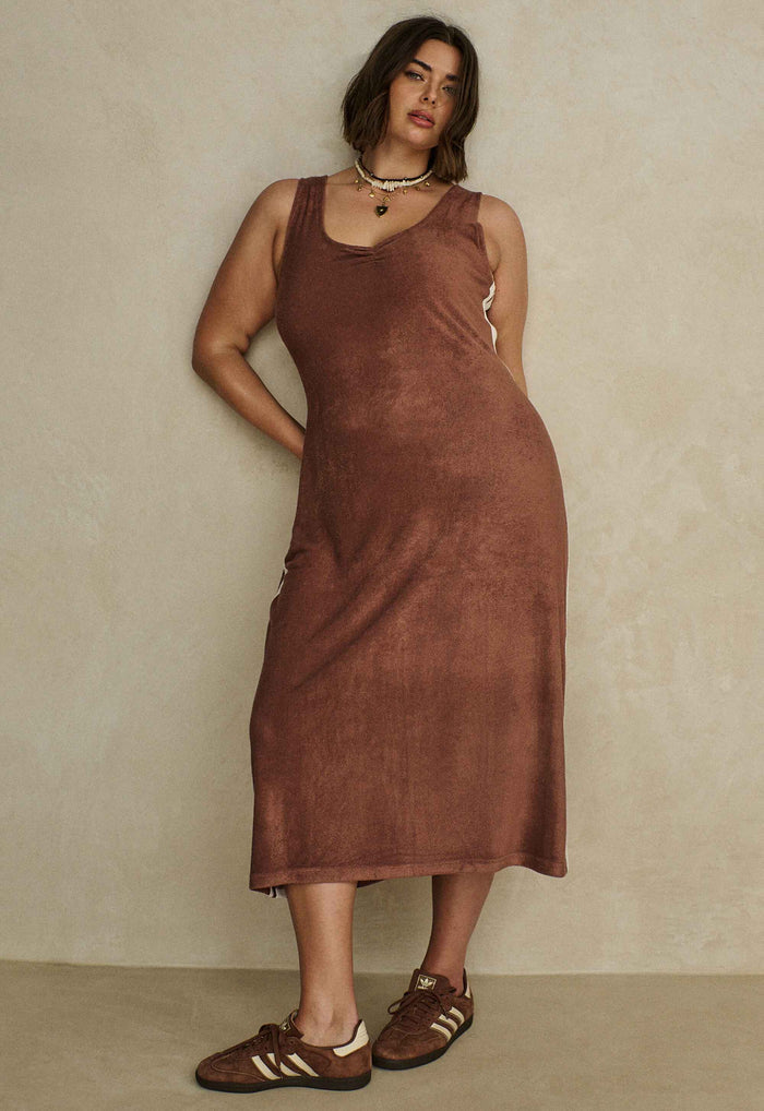 Spell women's Luciana Terry Maxi Dress in Chocolate brown viscose blend with contrast side stripe