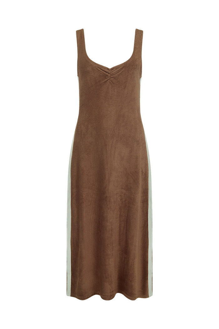 Chocolate terry maxi dress flat lay, front view showing cream contrast side stripe and centre-front neck ruching