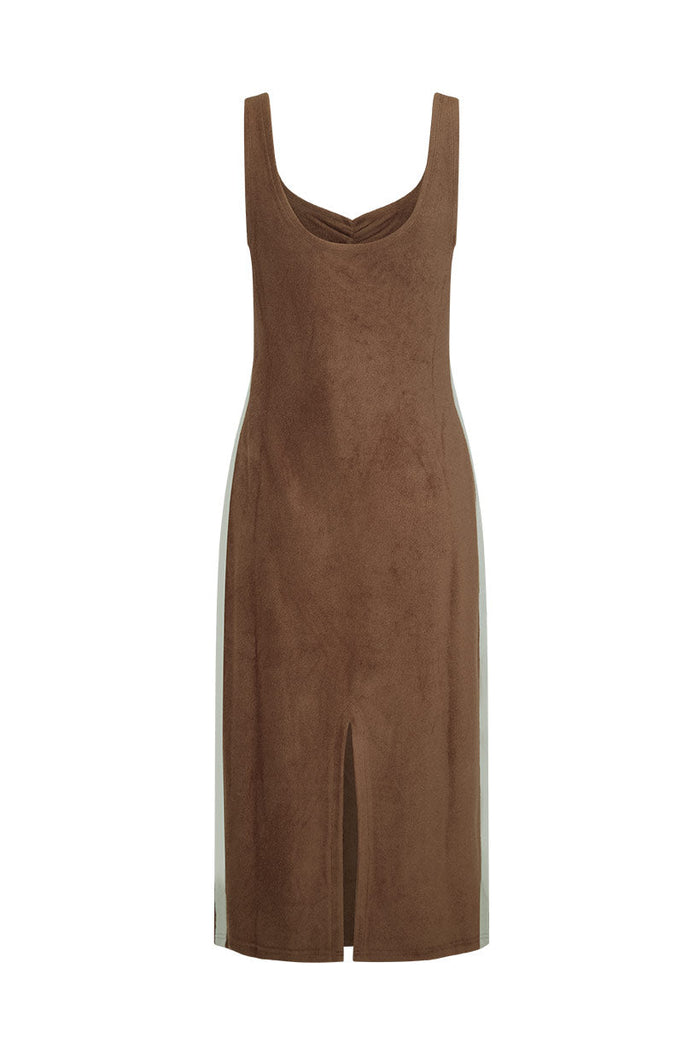 Chocolate terry midi dress flat lay back view, showing contrast sage side stripe and back hem split