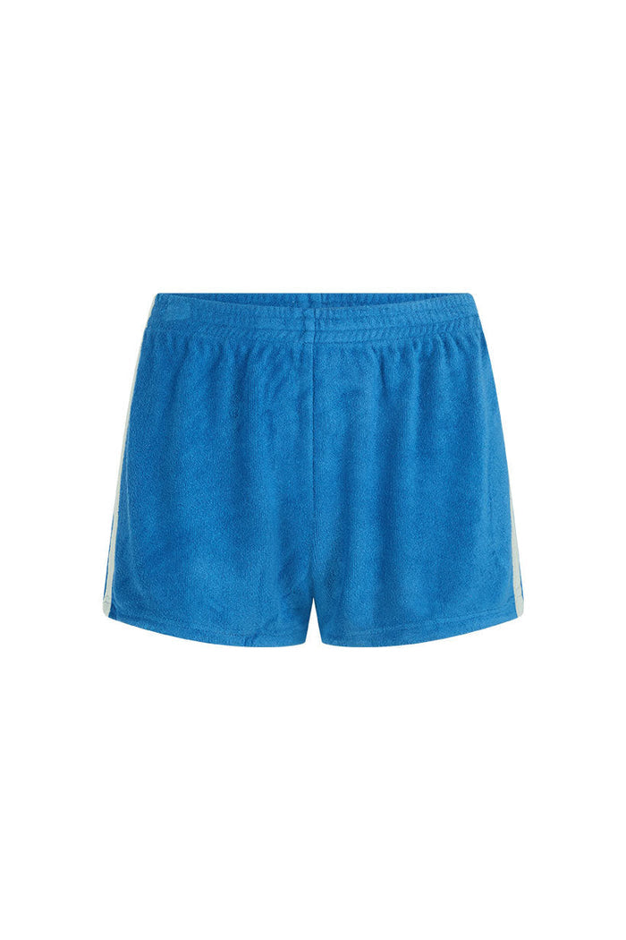 Back view of azure blue terry shorts with contrast white side stripe and elastic waist, front flat lay