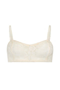 Front flat lay of cream lace bralette with adjustable straps and scalloped lace trim neckline