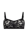 Front flat lay of black floral lace bralette with scallop trim and adjustable straps on white background