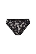 Black floral lace brief with scalloped waist and leg trim, flat lay on white background