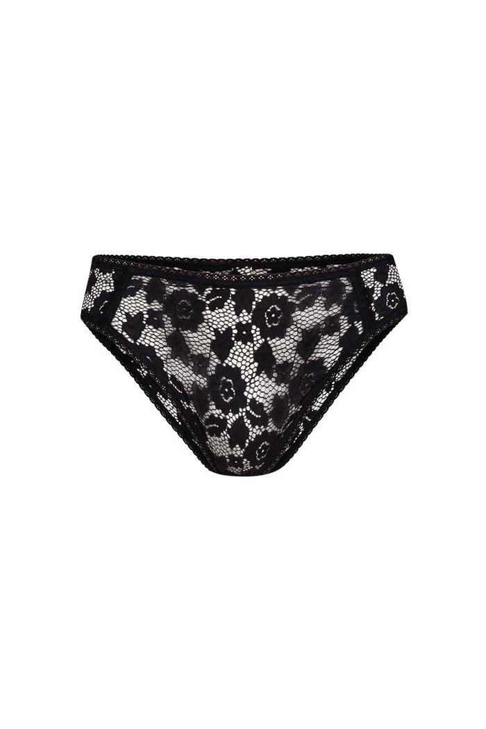 Black floral lace brief with scalloped waist and leg trim, flat lay on white background