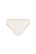 Vintage cream lace brief with scallop waist and leg trim, flat lay on white background