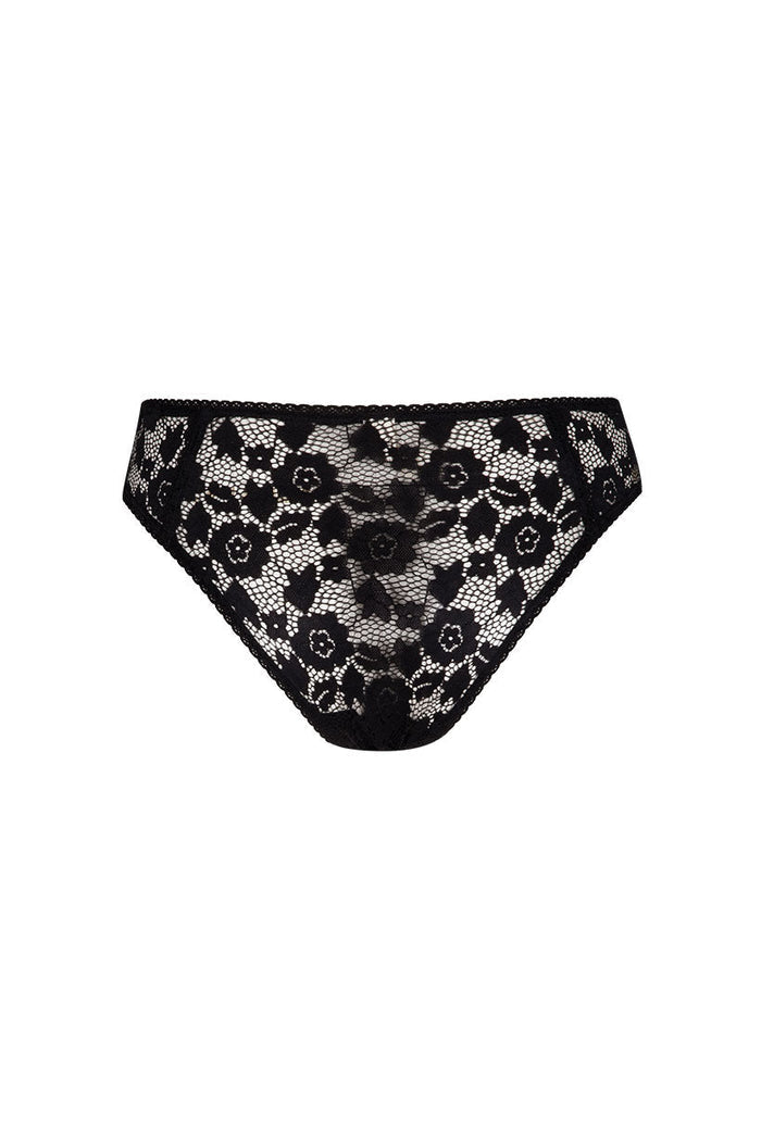 Black floral lace brief with scalloped waist and leg trim, back flat lay on white background