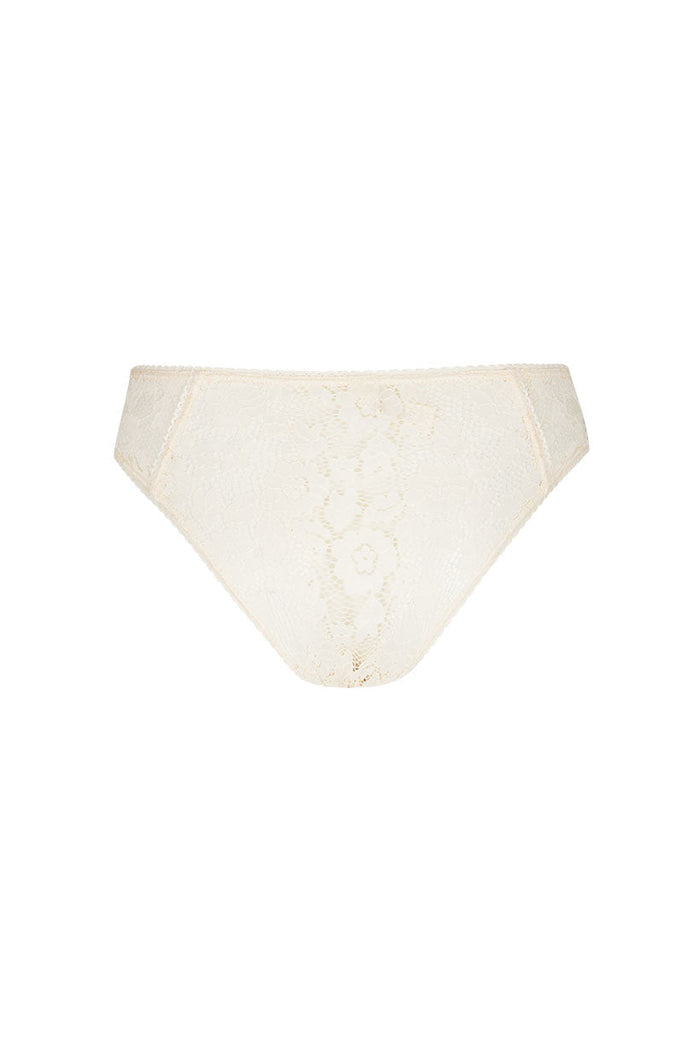 Vintage cream lace brief laid flat on white, showing floral lace pattern and lace-trimmed waist and leg openings