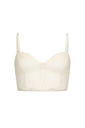 Front flat lay of cream lace bustier with scallop-trim cups, adjustable straps, and structured boning on white background