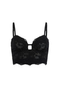 Lux Lisbon Lace Bustier in Onyx, front flat lay showing keyhole detail and scalloped lace hem on white background