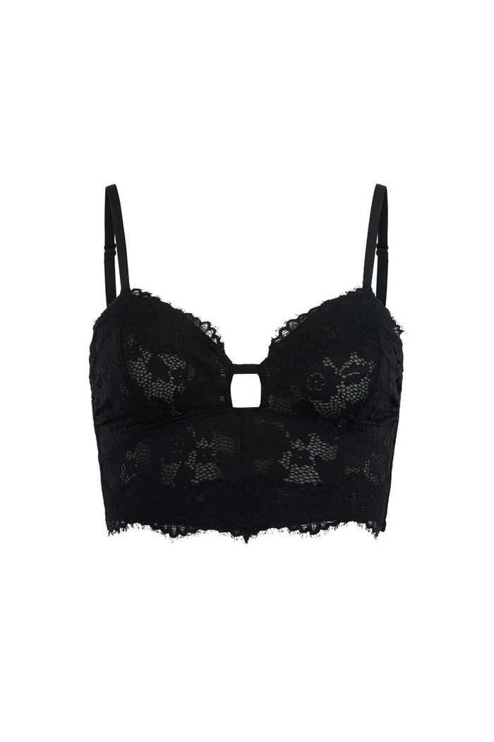 Lux Lisbon Lace Bustier in Onyx, front flat lay showing keyhole detail and scalloped lace hem on white background