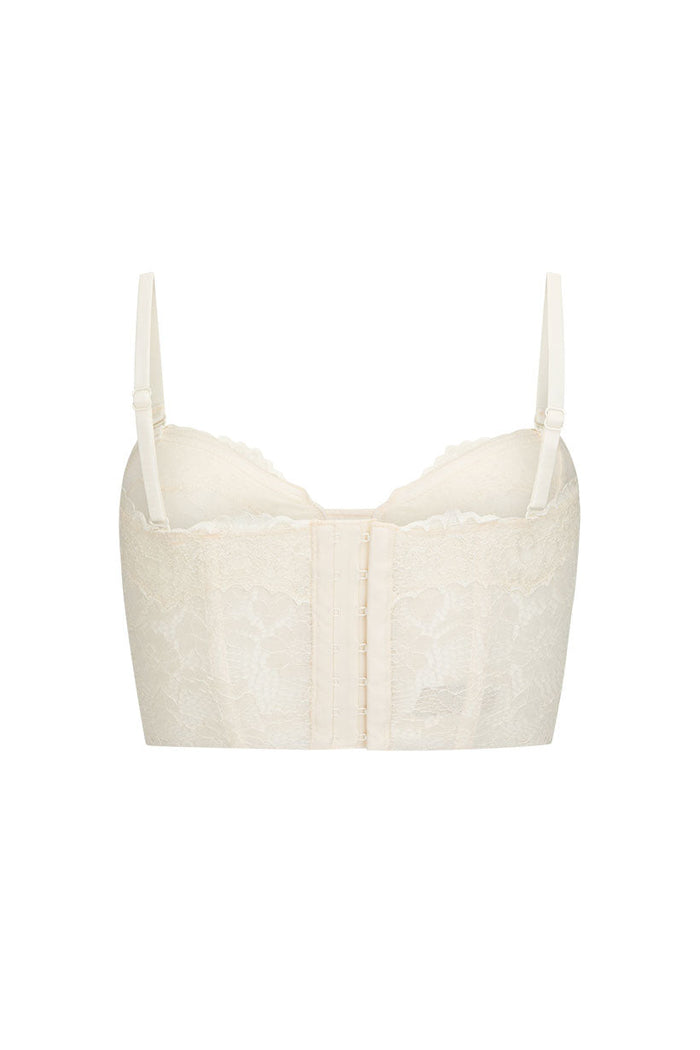 Lux Lisbon Lace Bustier back flat lay, cream lace with hook-and-eye closure and adjustable straps on white background