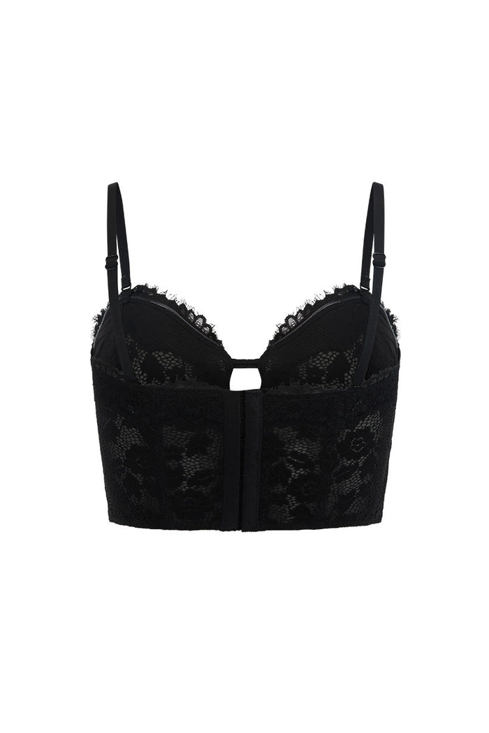 Lux Lisbon Lace Bustier in Onyx, back flat lay showing hook-and-eye closure and floral lace panel detail