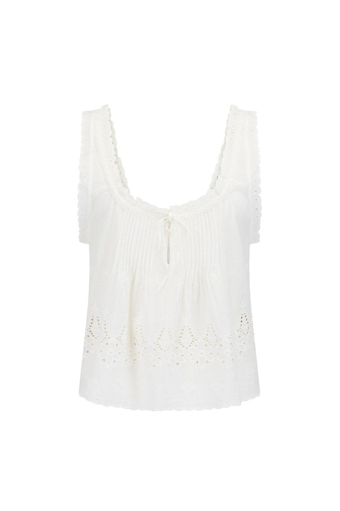 Maiden Lace Cami front flat lay, antique white organic cotton voile with anglaise hem and scallop trim