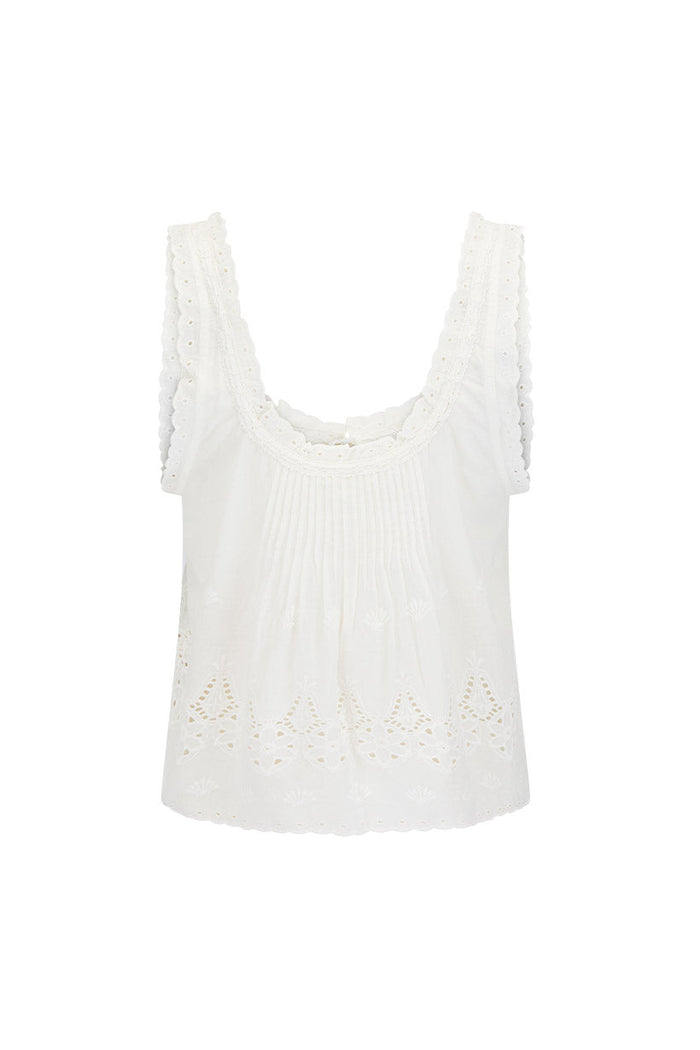 Maiden Lace Cami back flat lay on white, showing custom anglaise hem, scallop trim, and pintuck back neck detail