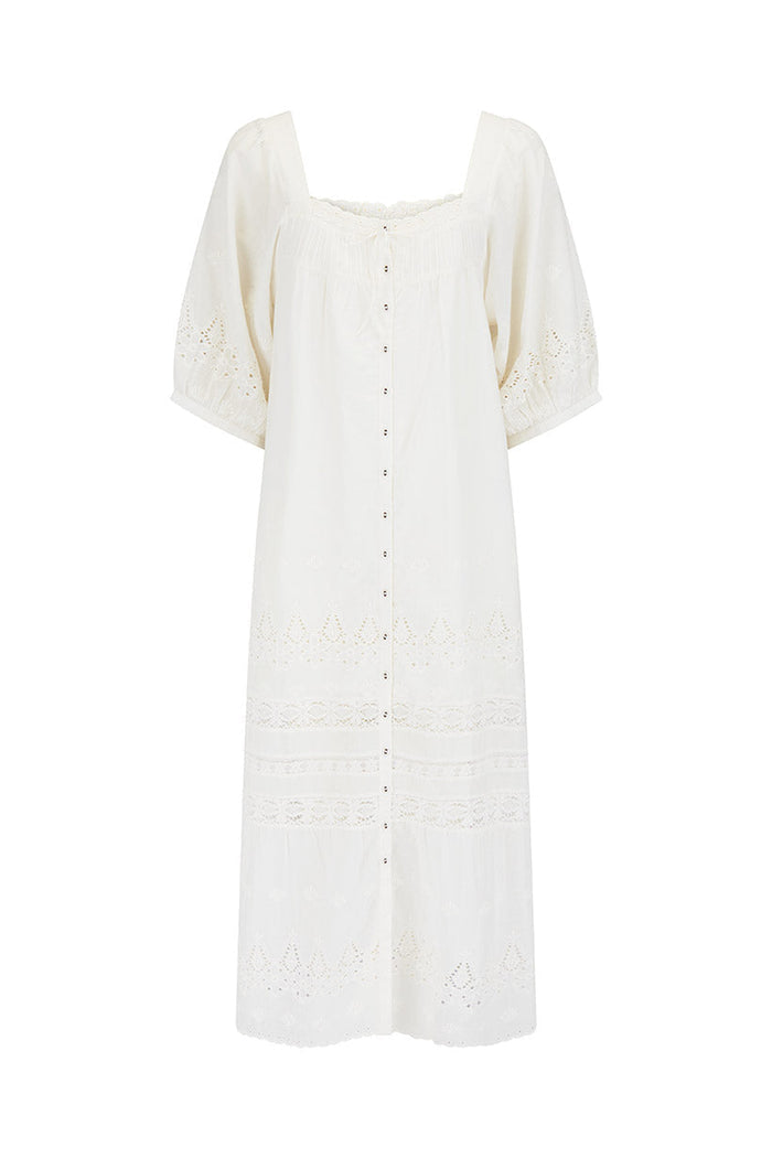 Maiden Lace Midi Dress antique white flat lay, front view showing broderie anglaise hem, button front, blouson sleeves