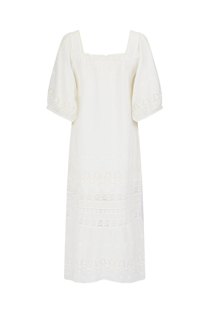 Back flat lay of Maiden Lace Midi Dress in antique white organic cotton voile with broderie anglaise hem bands