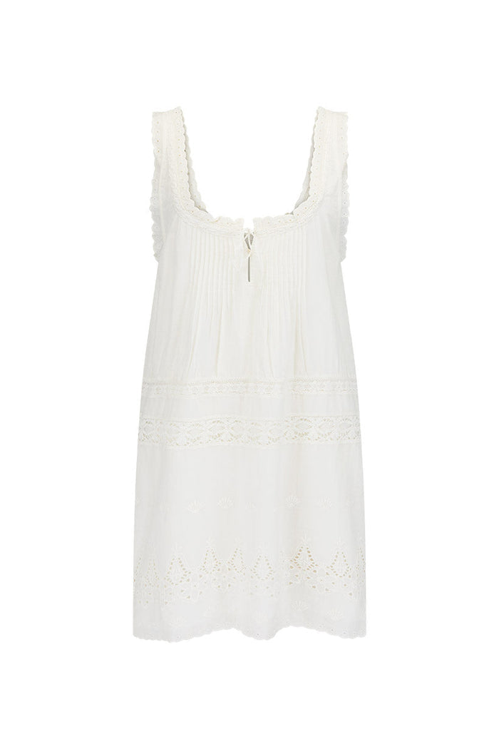 Maiden Lace Mini Dress antique white flat lay, pintucks, lace insert, eyelet hem, scallop-trim straps, keyhole neck tie