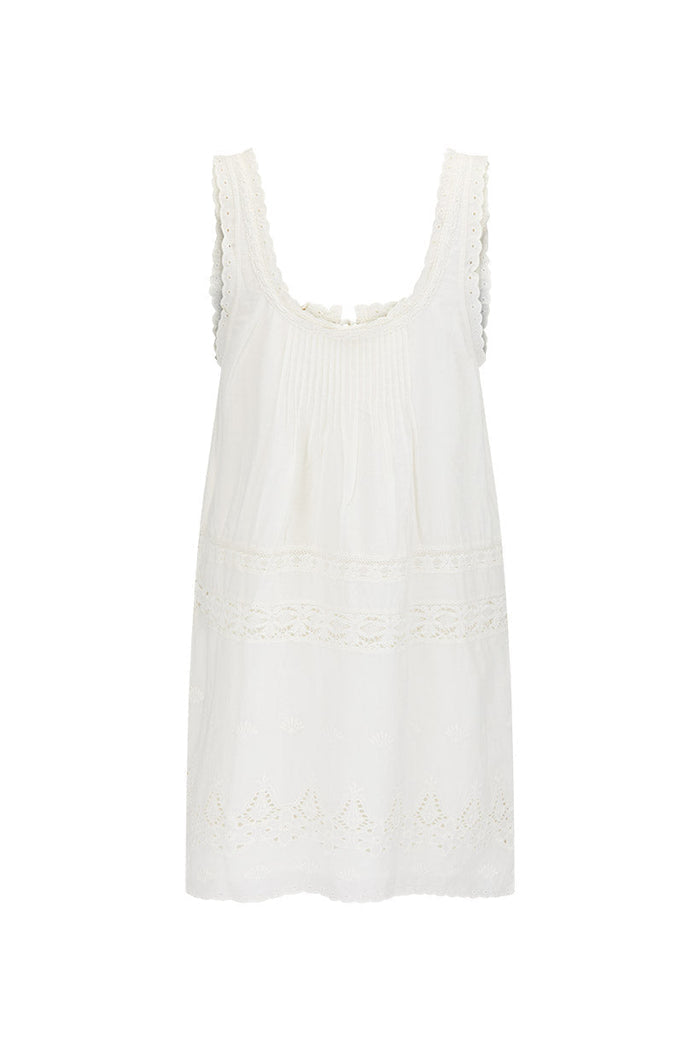 Antique white organic cotton voile mini dress flat lay, back view showing scallop trim straps and broderie anglaise hem