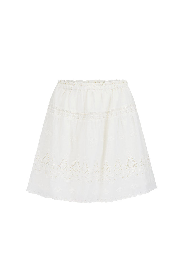 Antique white organic cotton voile mini skirt, front flat lay showing elasticated waist and broderie anglaise hem
